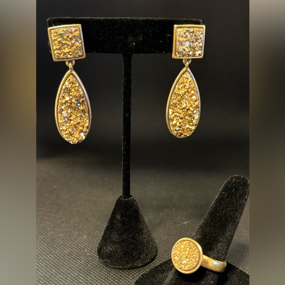 Set of earrings & ring! 18k gold plated- Yellow Color Coated Natural Druzy.